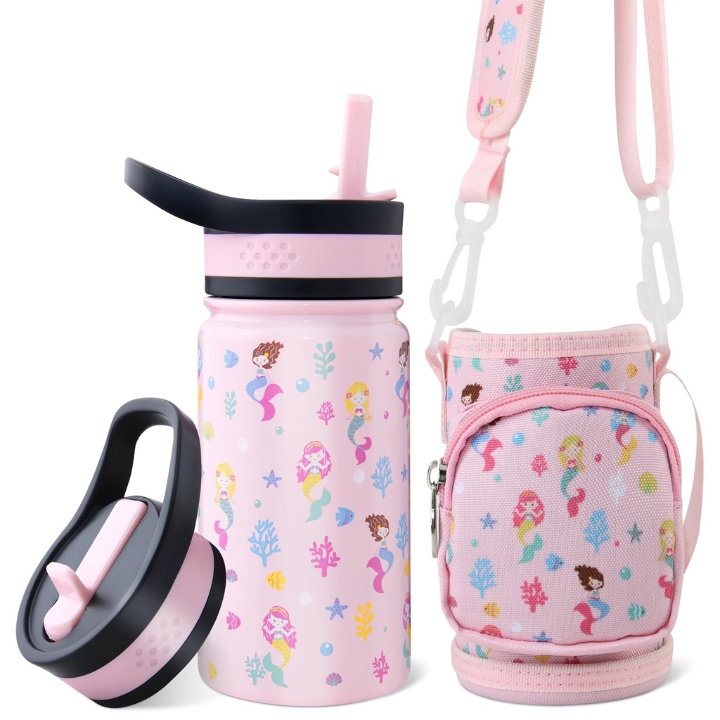 TWINNIS Kids Water Bottle with Strap,14Oz Stainless Steel Insulated Water Bottles with 2 Lids,Mermaid
