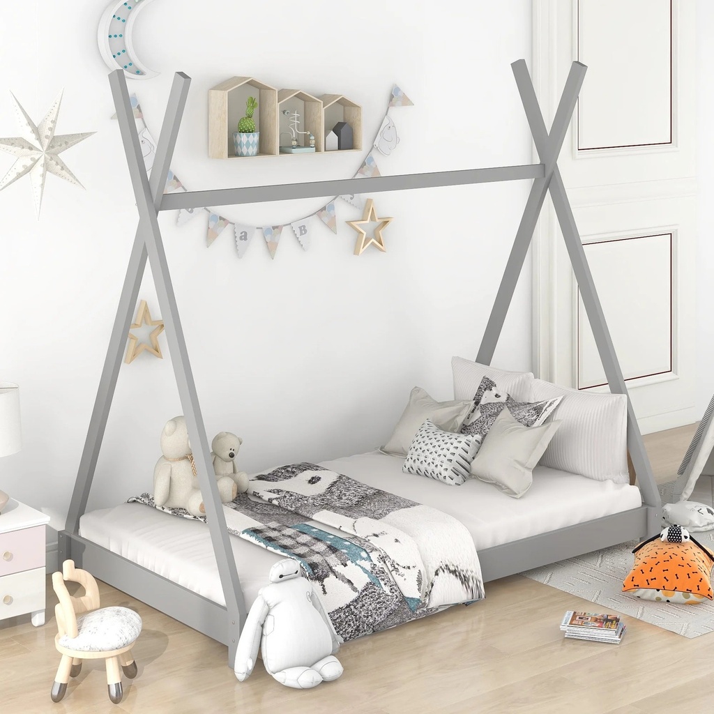 EUROCO Wood Twin Size Platform Bed for Kids, Canopy Tent Bed for Living Room, Gray