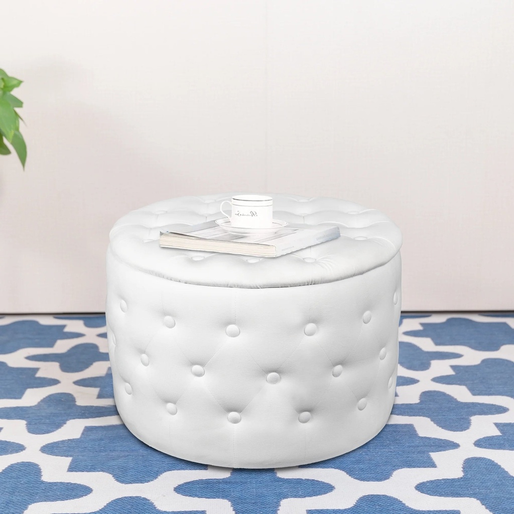 Prime Garden Upholstered Tufted round Velvet Ottoman Seat with Storage,White