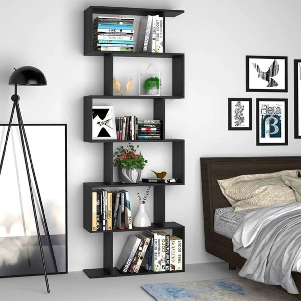 Homfa Geometric Bookcase Wooden Wood S Shape Storage Display Unit Bookcase Bookshelf 6-Tier Storage, 75" H X 27.6" W, Black