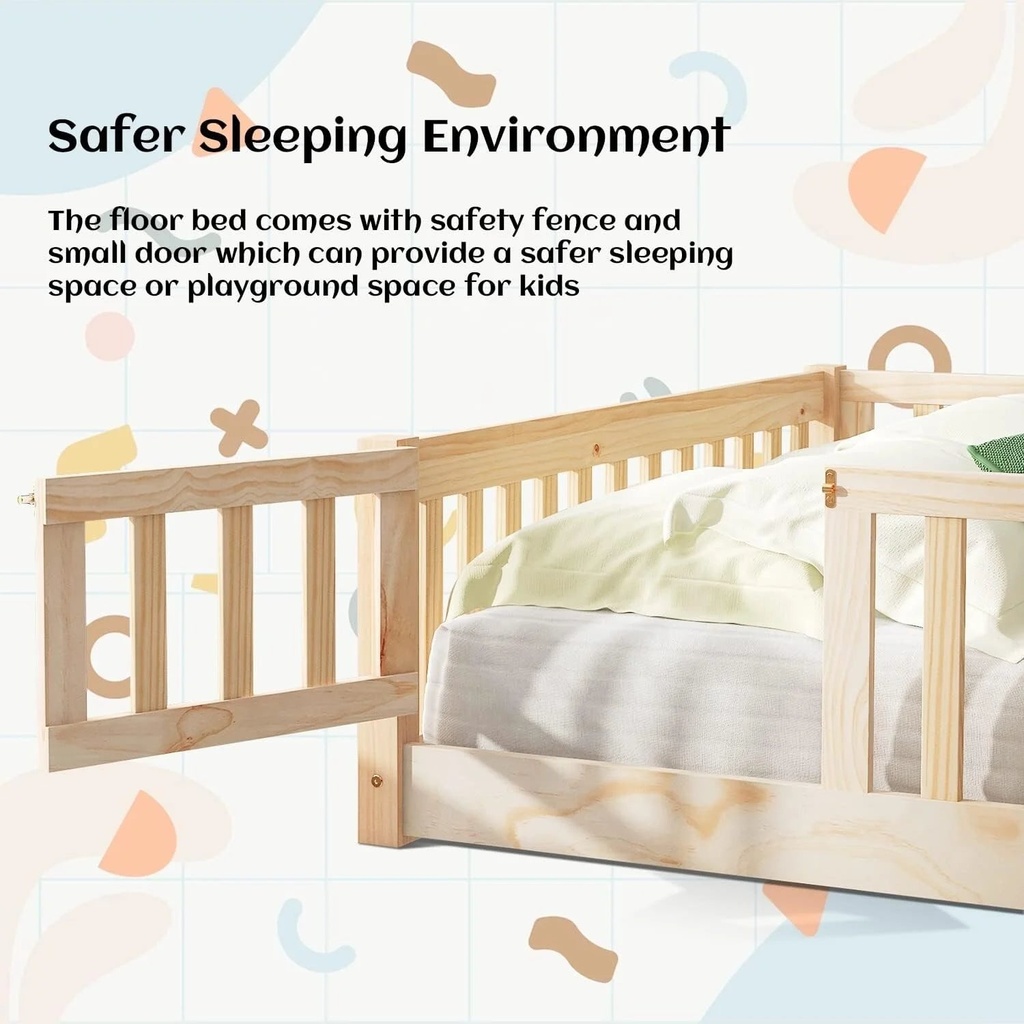 Twin/Full/Queen Size Floor Bed with Safety Guardrails, Toddler Floor Bed for Girls and Boys Natural - Full