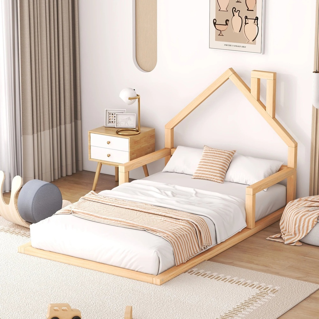 Euroco Twin Size Wood Floor Bed for Kids Room, Toddler House Bed, Natural