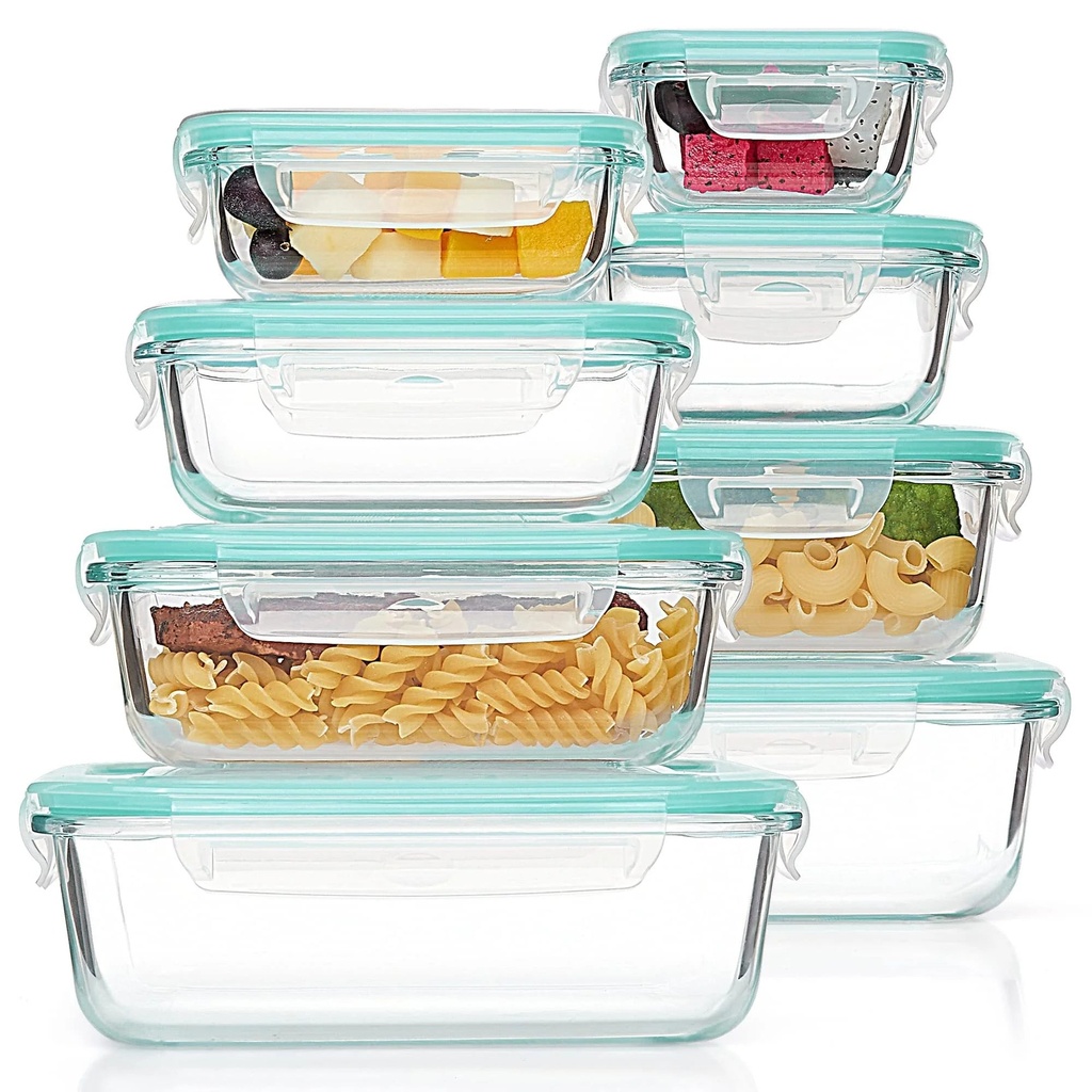16Pcs Glass Storage Container Set with Lids, Vtopmart Meal Prep Containers, Airtight Bento Boxes - (Set of 8 Glass Storage Containers 8 Lids and 8 Containers)