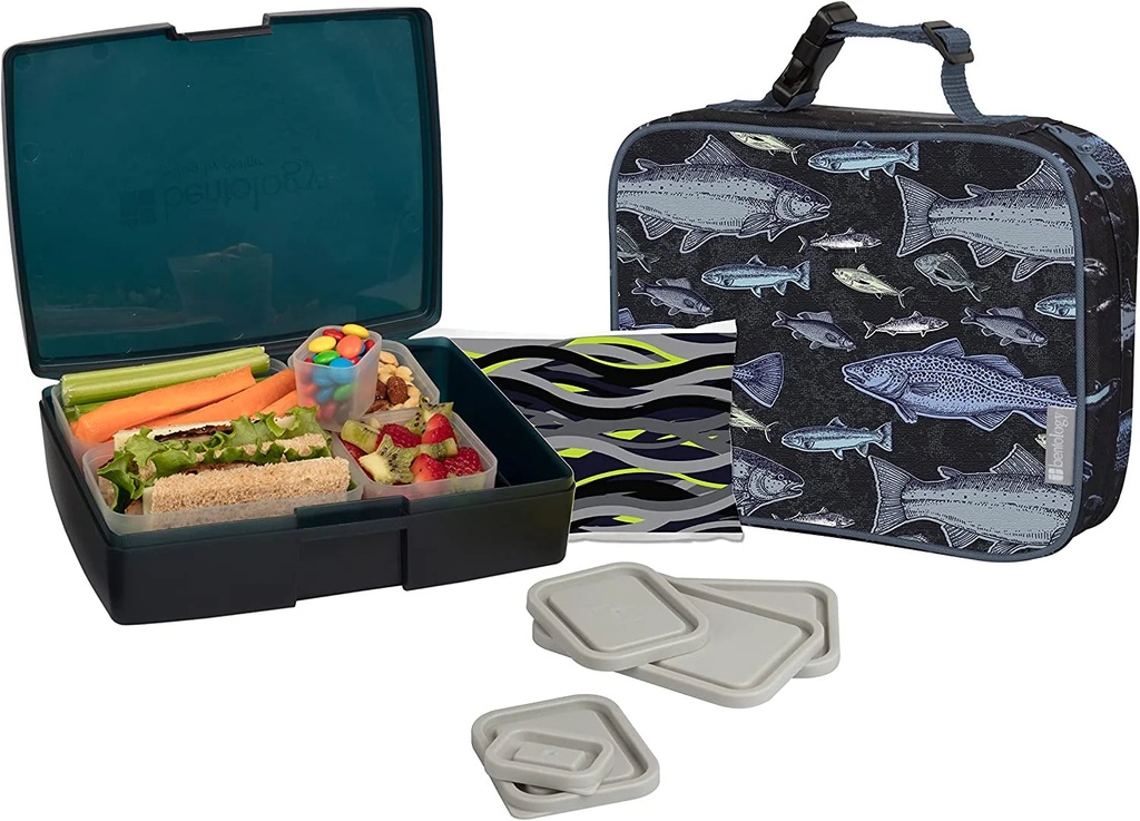 Bentology Lunch Bag and Box Set for Kids - Boys Insulated Lunchbox Tote, Bento Box, 5 Containers and Ice Pack - 9 Pieces - Fish