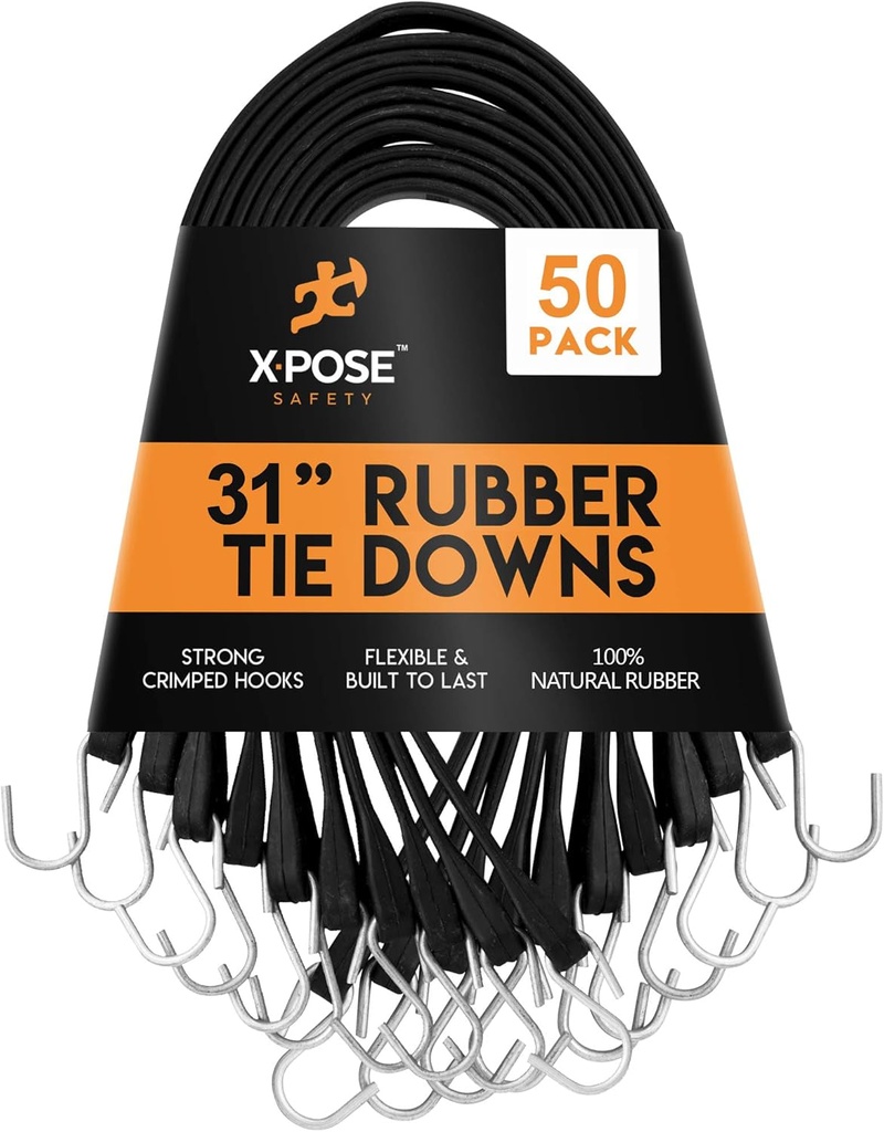 Rubber Bungee Cords with Hooks 50 Pack 31 Inch (47” Max Stretch) Heavy-Duty Black Tie down Straps for Outdoor, Tarp Covers, Canvas Canopies, Motorcycle, and Cargo - by Xpose Safety