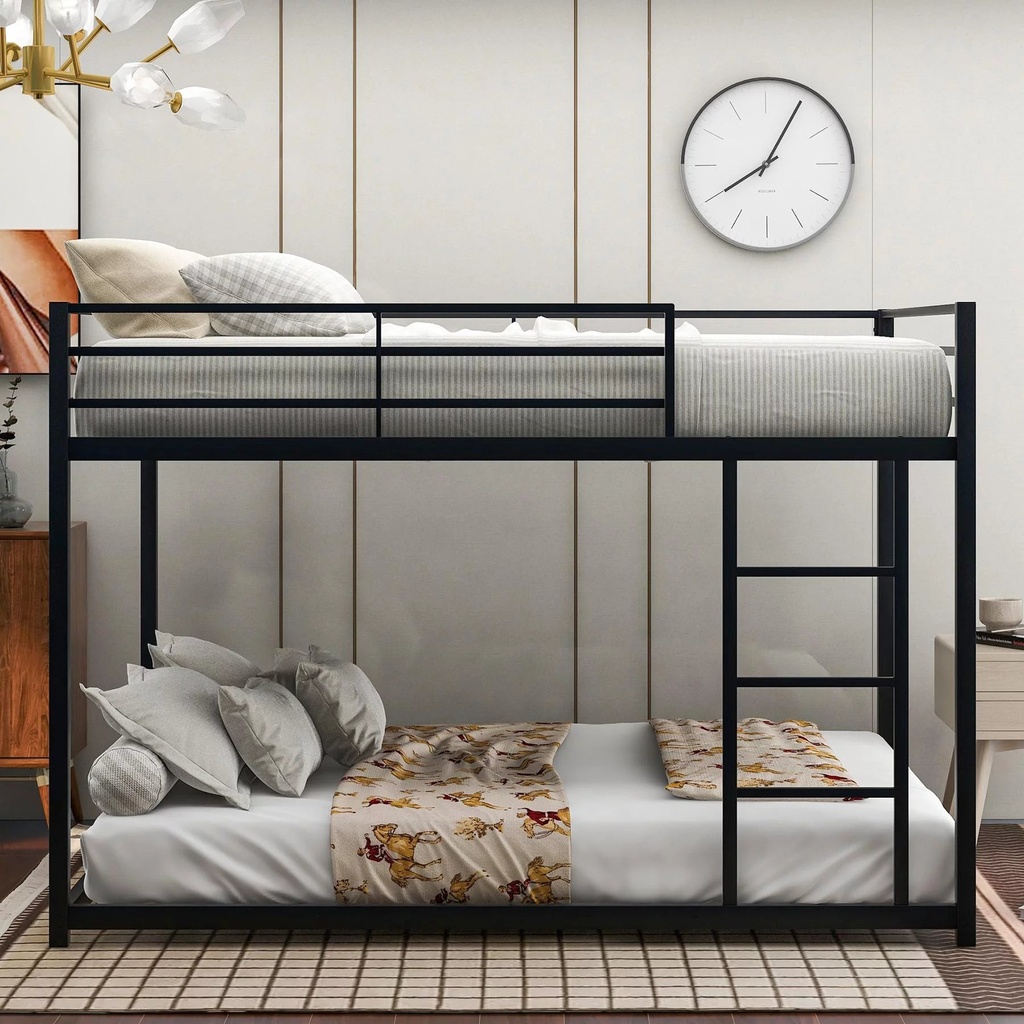 Full over Full Low Bunk Bed for Kids Teens Adults, Metal Bunk Bed Frame with Ladder and Safety Guardrails, Load-Bearing 350Lb, Noise Free, Black 77.1''Lx55.9''Wx53.7''H