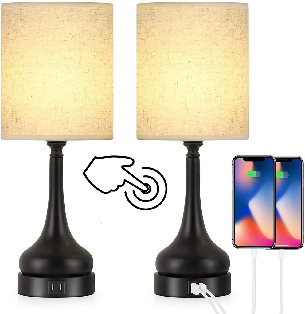 2 Pack Touch Lamps for Bedroom with Dual USB Ports- Bedside Lamps with USB Port