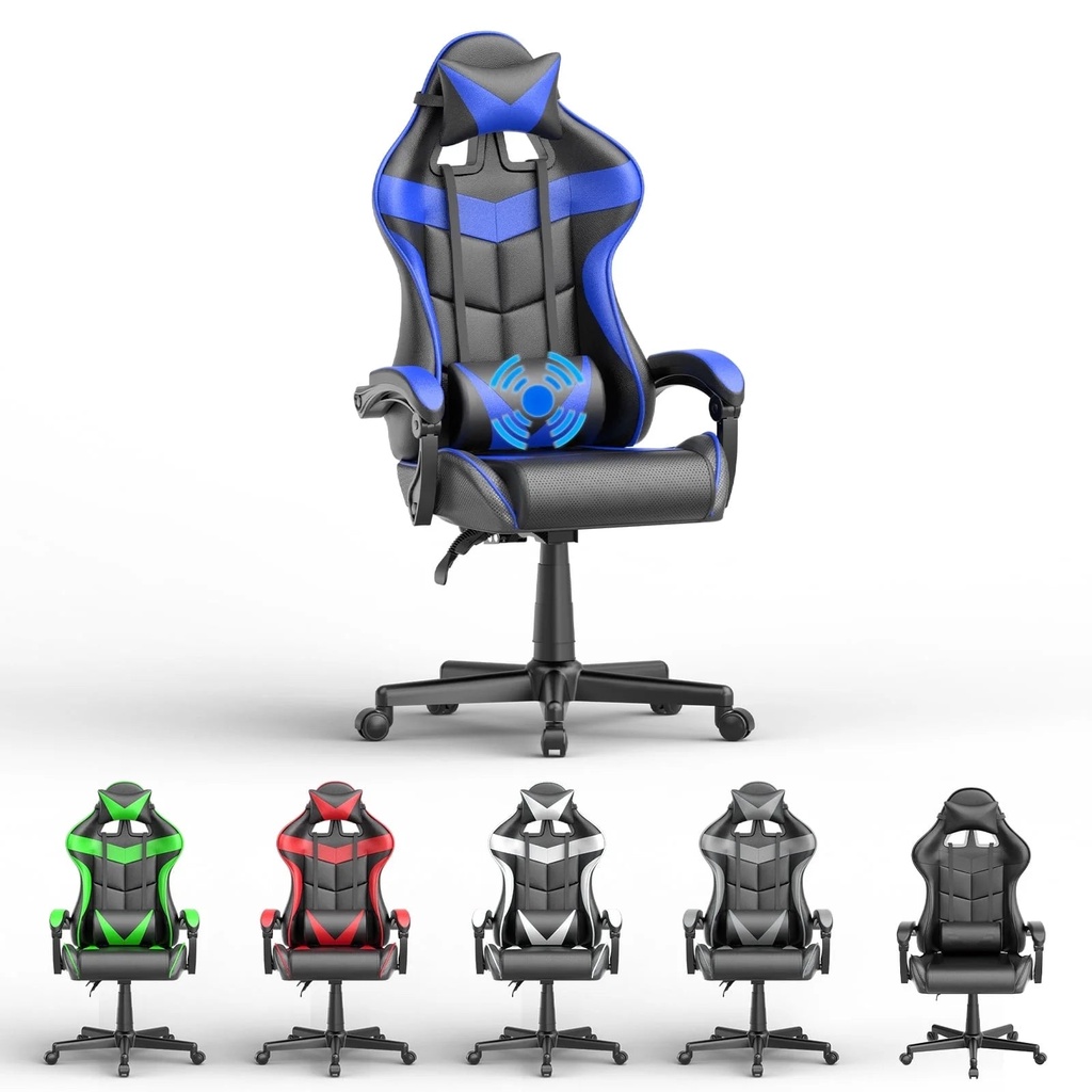 Soontrans Gaming Chair with Massage, High Back Computer Gamer Chair for Adults and Kids, Ergonomic Game Chair with Adjustable Headrest and Lumbar Support (Blue)