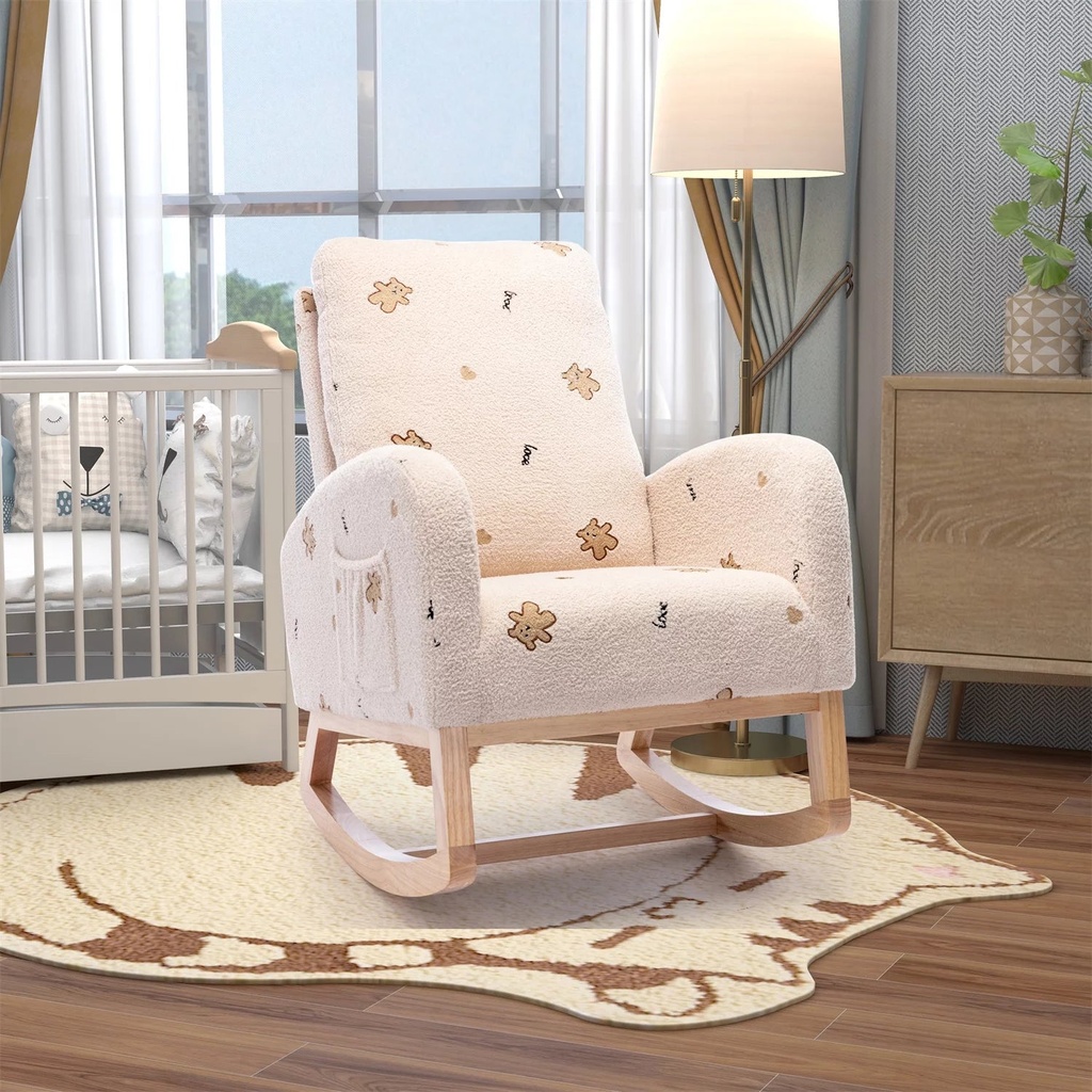 26.8"W Rocking Chair Modern Upholstered Rocking Chair Nursery Mid Century Accent Rocker Armchair with High Back and Side Pocket Glider Chair for Living Room, Bedroom, Beige