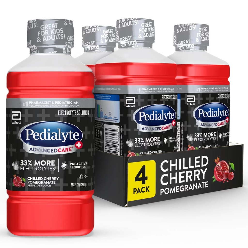 Pedialyte Advancedcare plus Chilled Cherry Pomegranate Liquid, 12 Fl Oz Bottle (Count 4)
