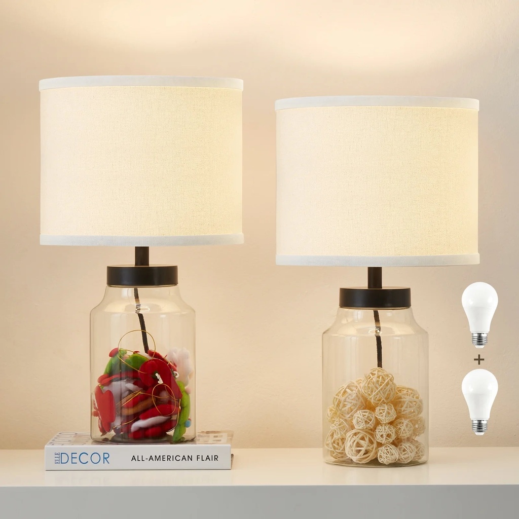NATYSWAN Fillable Table Lamp, Table Lamp with Clear Glass Fillable Modern Table Lamp with White Lampshade beside Lamp for Living Room Bedrooms Office, Bulbs Included (White)