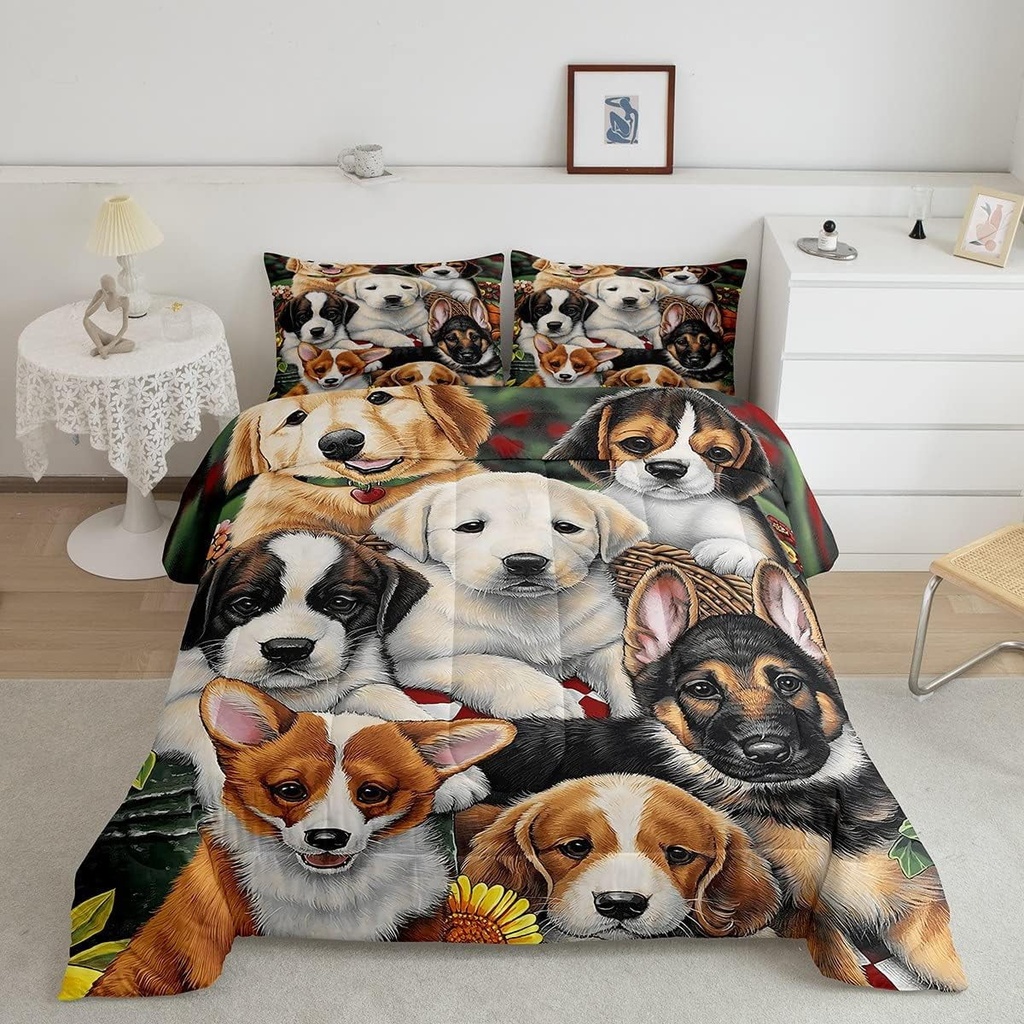Dog Bedding Set for Boys Girls Kids Kawaii Room Decor Comforter Set Cute Pet Puppy Quilt Set Toddler Lovely Kawaii Pug German Shepherd Bedding Bedroom Collection 2Pcs Twin Size, with 1 Pillowcase