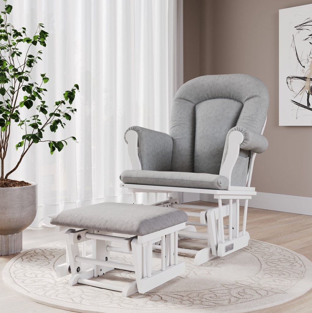 Forever Eclectic by Cozy Glider and Ottoman in Matte White Finish with Light Gray Cushion