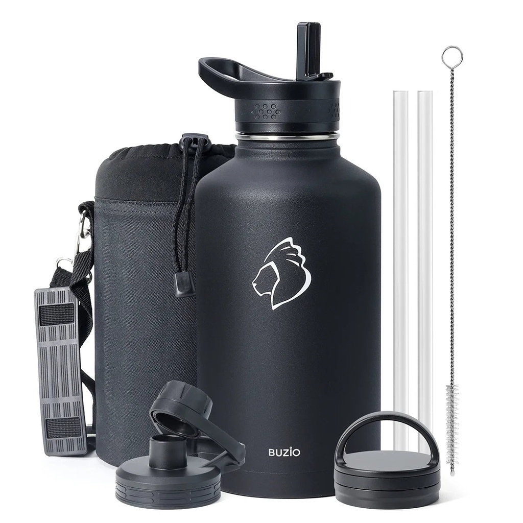 Buzio 64 Oz Insulated Water Bottle with Straw & 3 Lids, Half Gallon Water Bottle Stainless Steel with Carrying Strap for Gym Sports Outdoor Hiking, Black