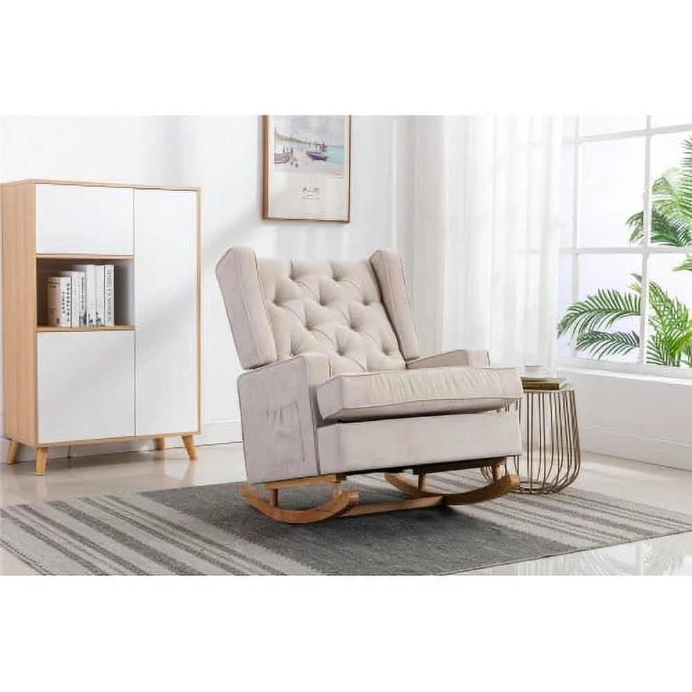 Rocking Chair Modern Upholstered Recliner Glider Chair, Mid Century Rocker Oversized Wingback Armchair, Comfortable Rocking Chair Accent Chair with Side Pocket for Living Room, Beige