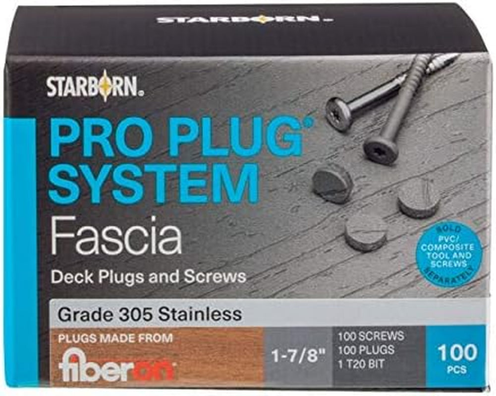 Pro Plug System for Fascia Plug & Screw Kit - Fiberon Tuscan Villa Fascia Plugs & Stainless Steel Screws- 9 X 1-7/8" T-20 Star Dr- 100 Pieces