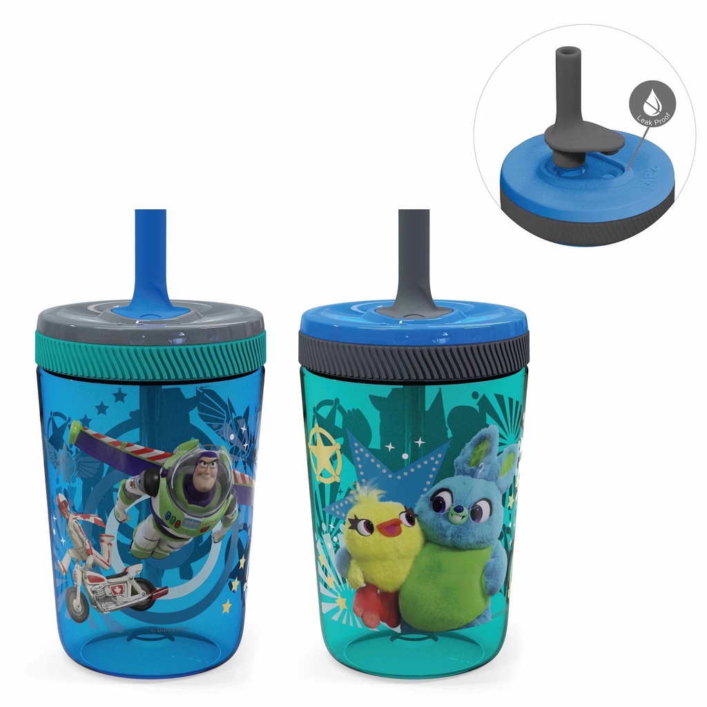 Zak Designs 15Oz Toy Story Kelso Travel Straw Tumbler Plastic and Silicone with Leak-Proof Straw Valve for Kids, 2Pcs Set, Buzz Lightyear and Friends