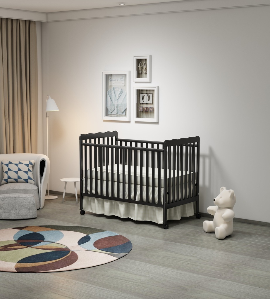 Homiyad 3-In-1 Convertible Crib in Storm Black, Made of Sustainable Pinewood, Non-Toxic Finish, Comes with Locking Wheels, Wooden Nursery Furniture