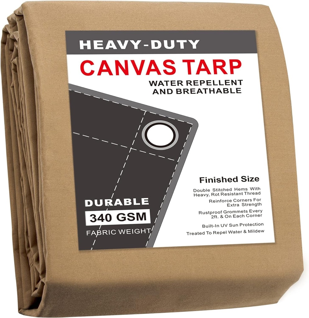 CARTMAN Finished Size 10X12 Feet Tan Canvas Tarp with Rustproof Grommets, 12 Oz Heavy Duty Multipurpose Tarpaulin Cover for Canopy Tent, Roof, Camping, Woodpile