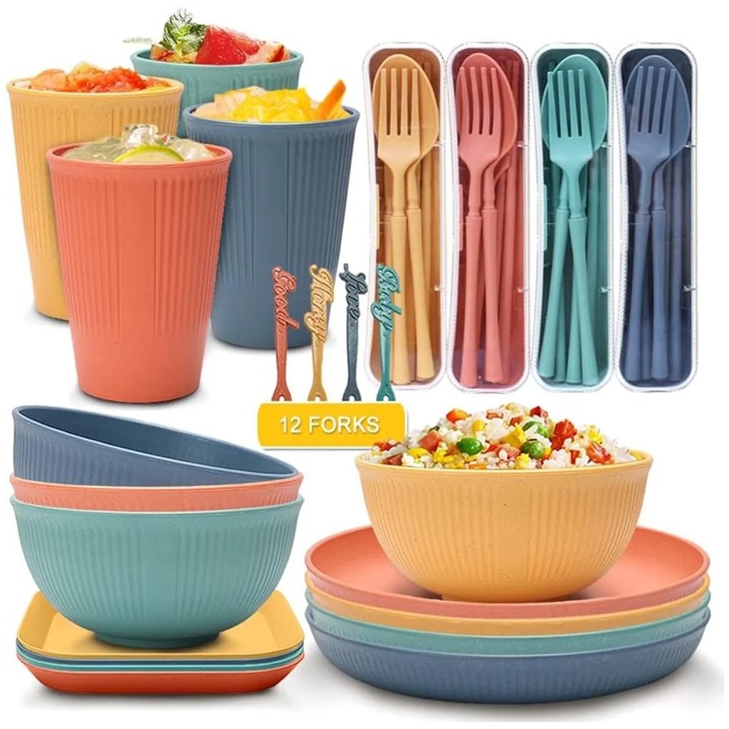 Ohhgo 48Pcs Wheat Straw Dinnerware Sets – Reusable Unbreakable Dinnerware Set with Large Wheat Straw Plates, Cups, Mugs, Forks, Spoons, Knives & More