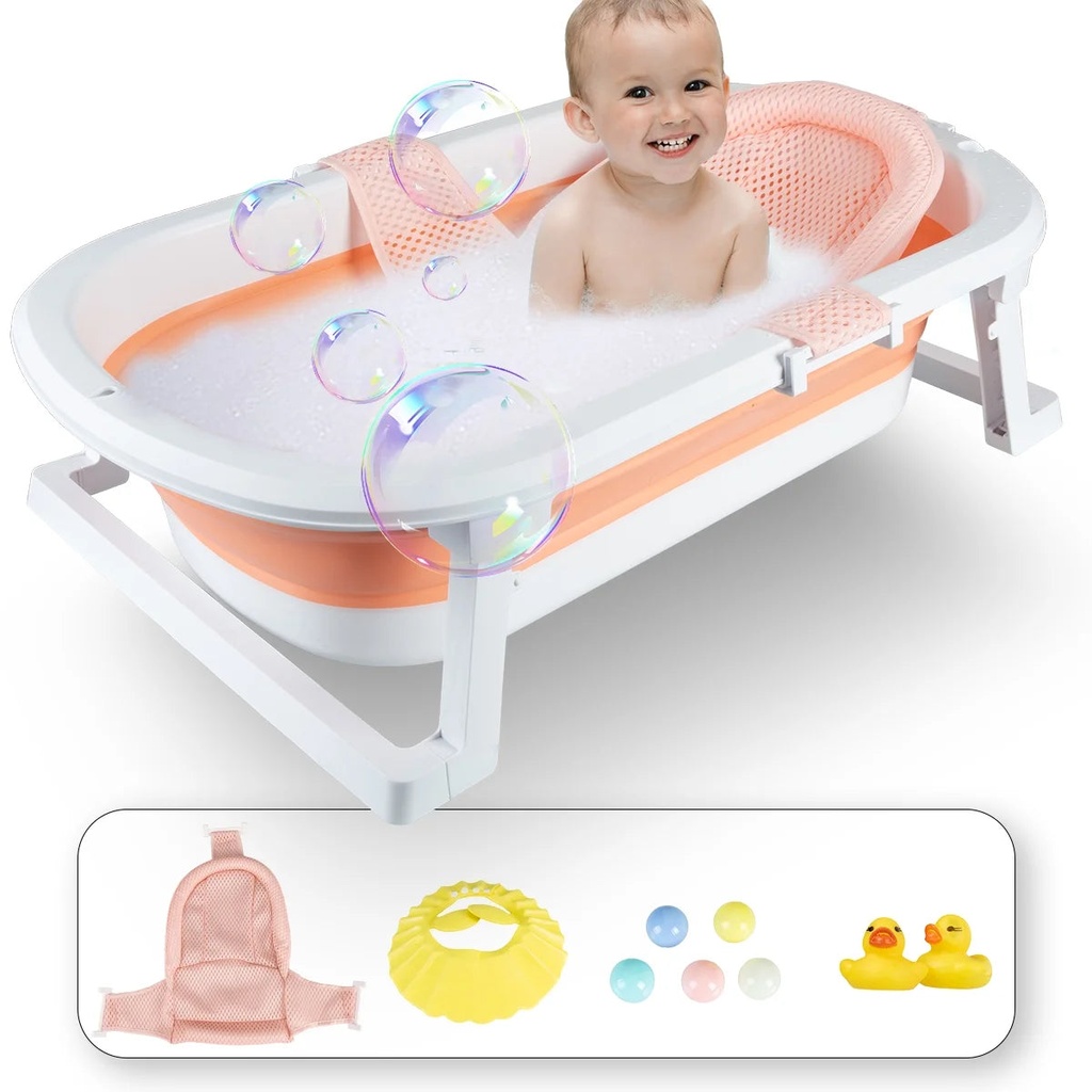 ANJORALA Folding Baby Bath Tub with Bath Seat, Portable Foldable Baby Bathtub for Infant and Newborn, Pink+Net