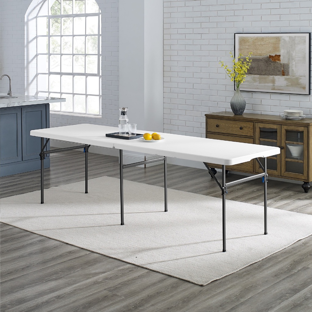 Mainstays White 8 Foot Folding Plastic Table, Easy Fold, Heavy Duty, Indoor Outdoor, 5-Year Warranty, Resistant to Scratch,Stain & UV Damage, Built in Carry Handle for Easy Transportation