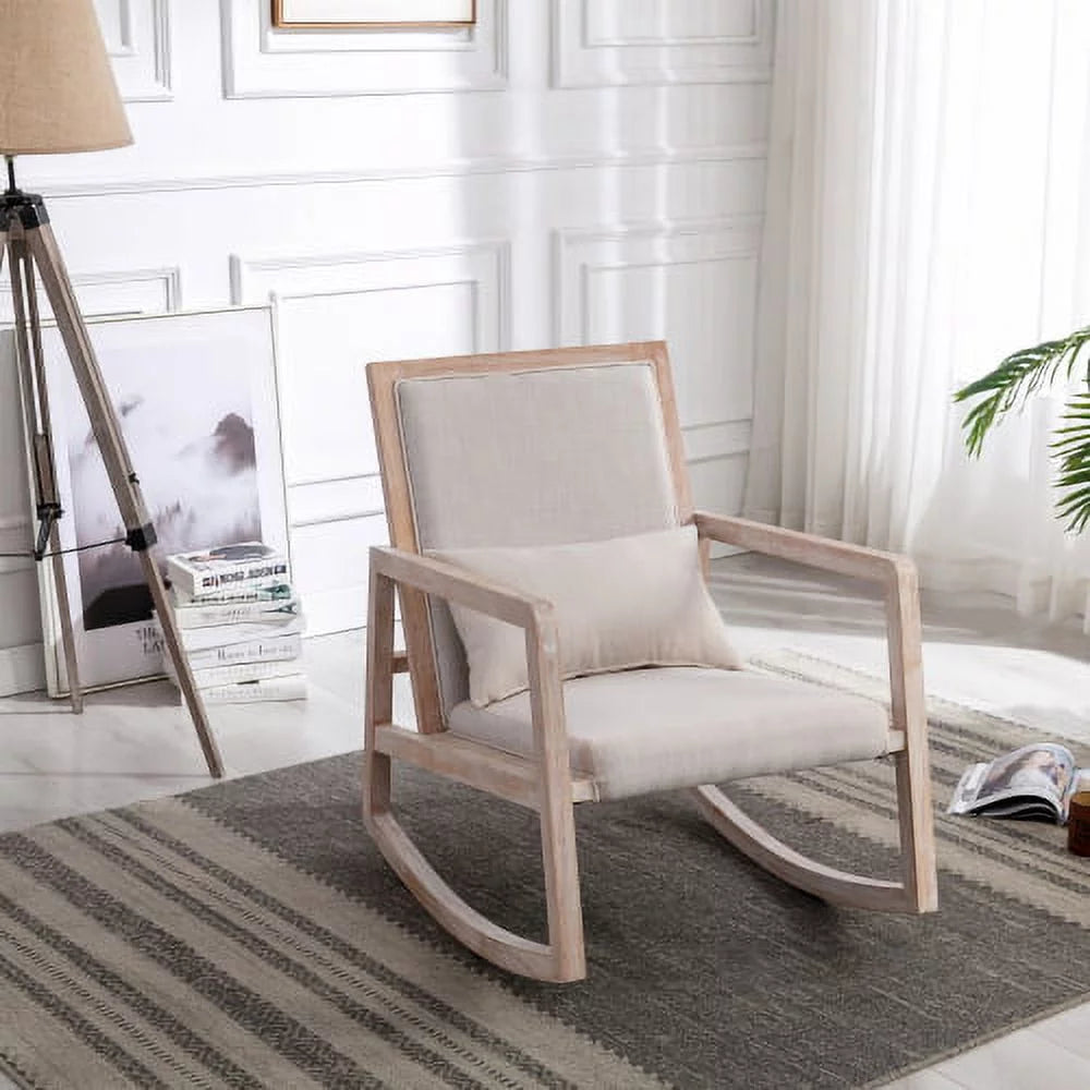 Rocking Chair Nursery, Comfy Linen Backrest Mid-Century Rocking Chair with Wooden Armrest Upholstered Glider Rocker with Free Lumbar Pillow for Living Room (Beige)