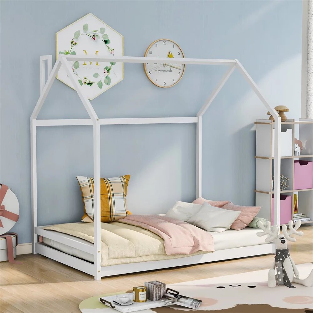 Kids House Bed Frame, Full Size Floor Platform Bed Frame for Toddlers, Boys and Girls, Wood Montessori Bed Tent Bed without Slats, 78"L X 56.3"W X 76"H, White