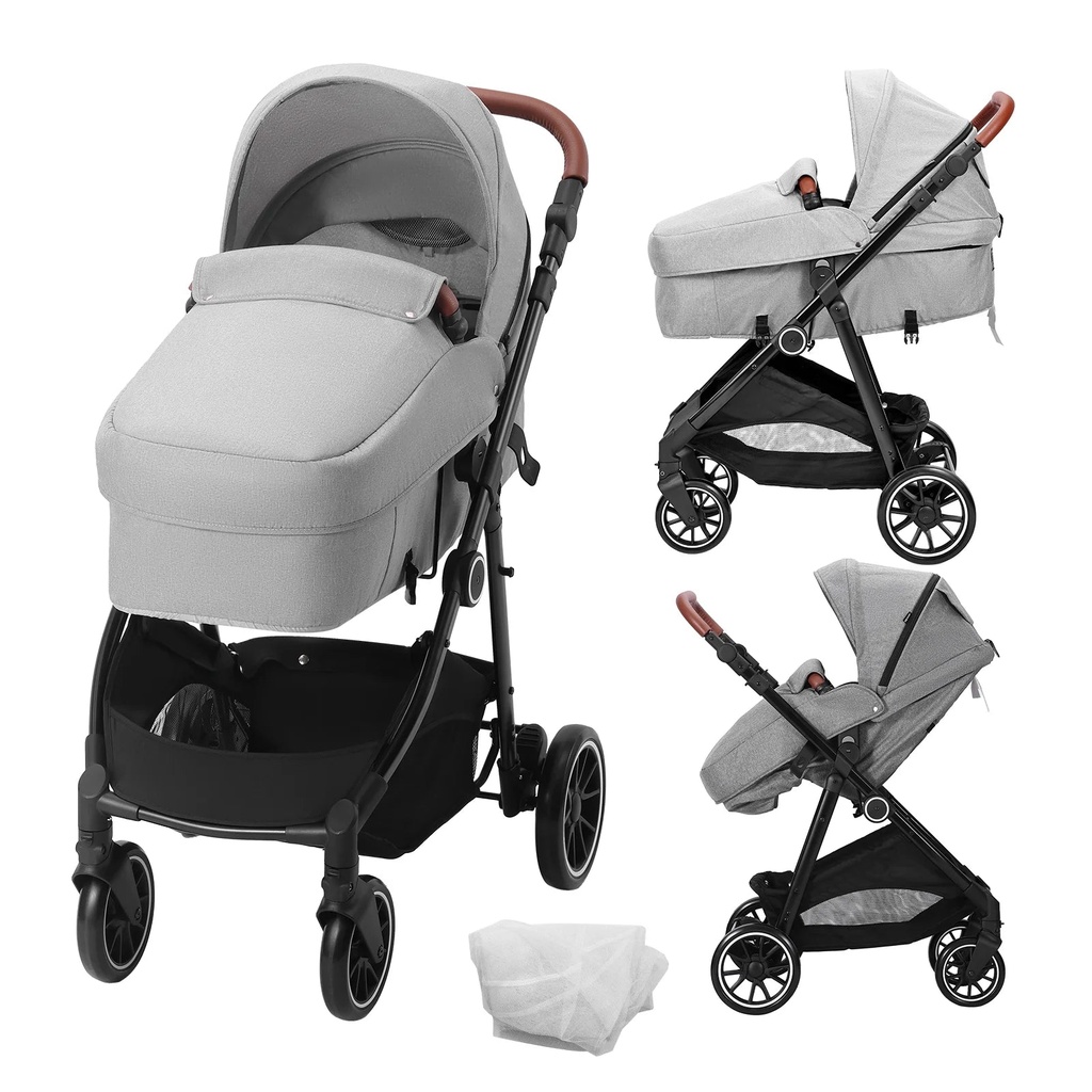 SKYSHALO 2 in 1 Convertible Baby Stroller, Foldable Infant Newborn Bassinet Pram, Unisex Travel Stroller for Newborn Baby, Light Grey