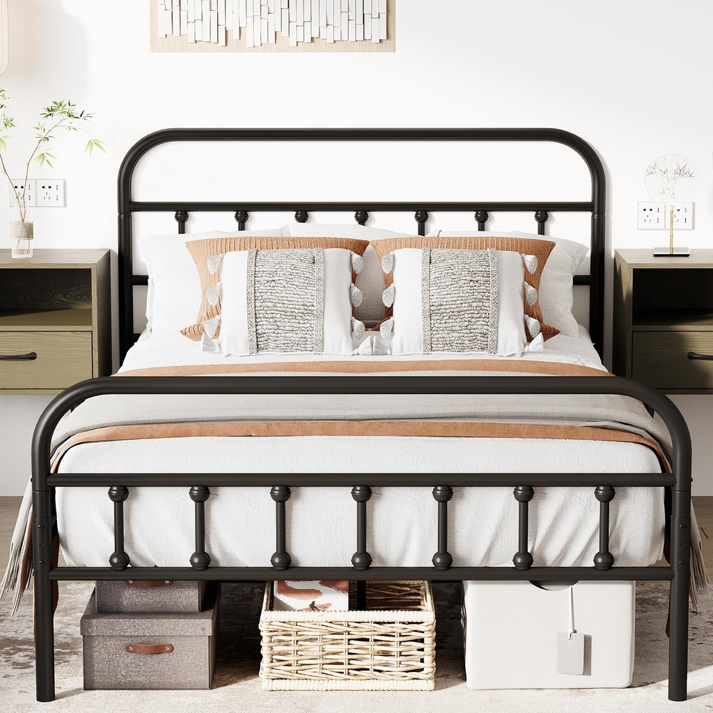 Sesslife Full Metal Bed Frame, Black Platform Bed with Vintage Headboard and Footboard, Sturdy Steel Slat Support, Iron Bed Frame for Bedroom