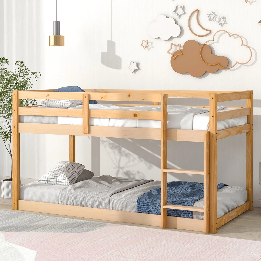 Kacho Twin over Twin Bunk Bed with Ladder, Floor Bunk Bed Frame for Kids, Boys and Girls, Wood Bunk Bed with Guard Rails Ladder for Dormitory and Bedroom, No Box Spring Needed, Natural