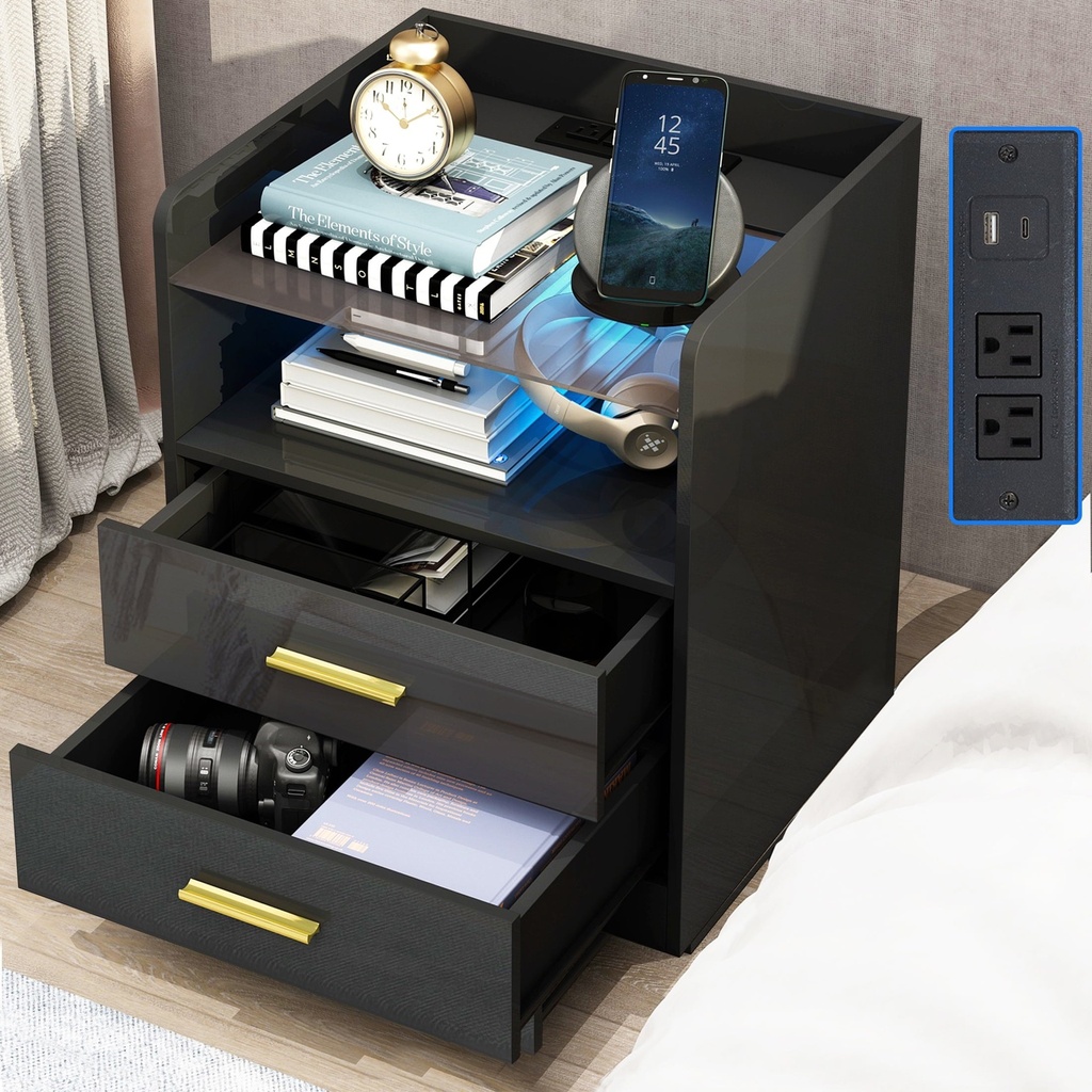 LED Nightstand with Charging Station, Wood Side Table with Drawers, Modern Black High Gloss Nightstand for Bedroom, End Side Table for Living Room, Black