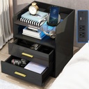 LED Nightstand with Charging Station, Wood Side Table with Drawers, Modern Black High Gloss Nightstand for Bedroom, End Side Table for Living Room, Black