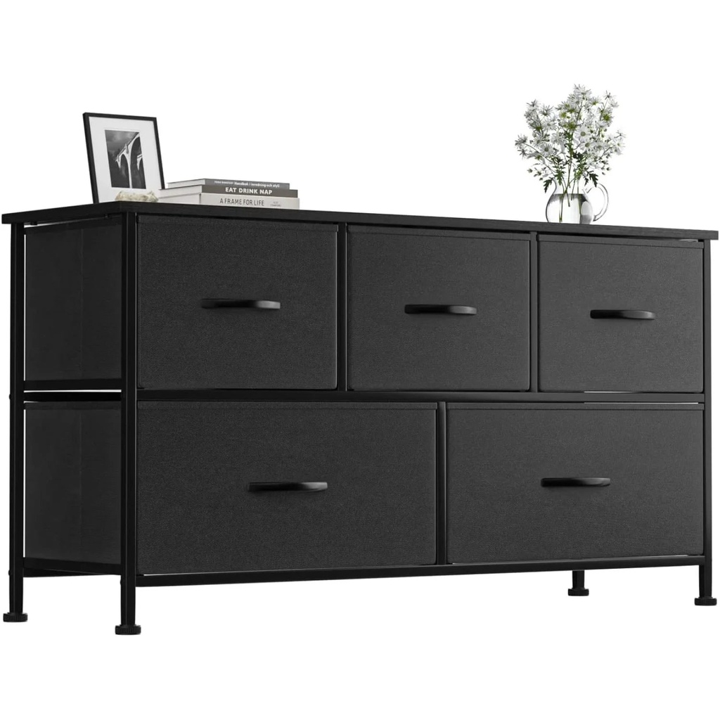 Bilot Dresser for Bedroom with 5 Drawers, Wide Chest of Drawers, Fabric Closet Dresser, Clothing Storage Organizer Unit with Fabric Bins, for Closet, TV Stand, Living Room, Hallway, Nursery (Black)