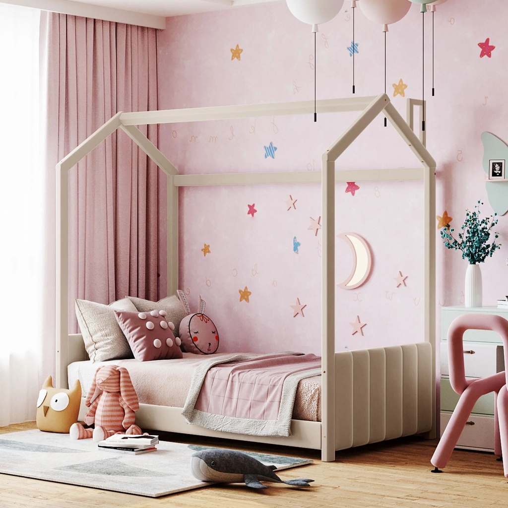 Bellemave Twin Size House Bed for Kids, Velvet Montessori Floor Bed with Headboard & Footboard, Twin Bed Frame for Toddlers Girls Boys （Twin, Beige)