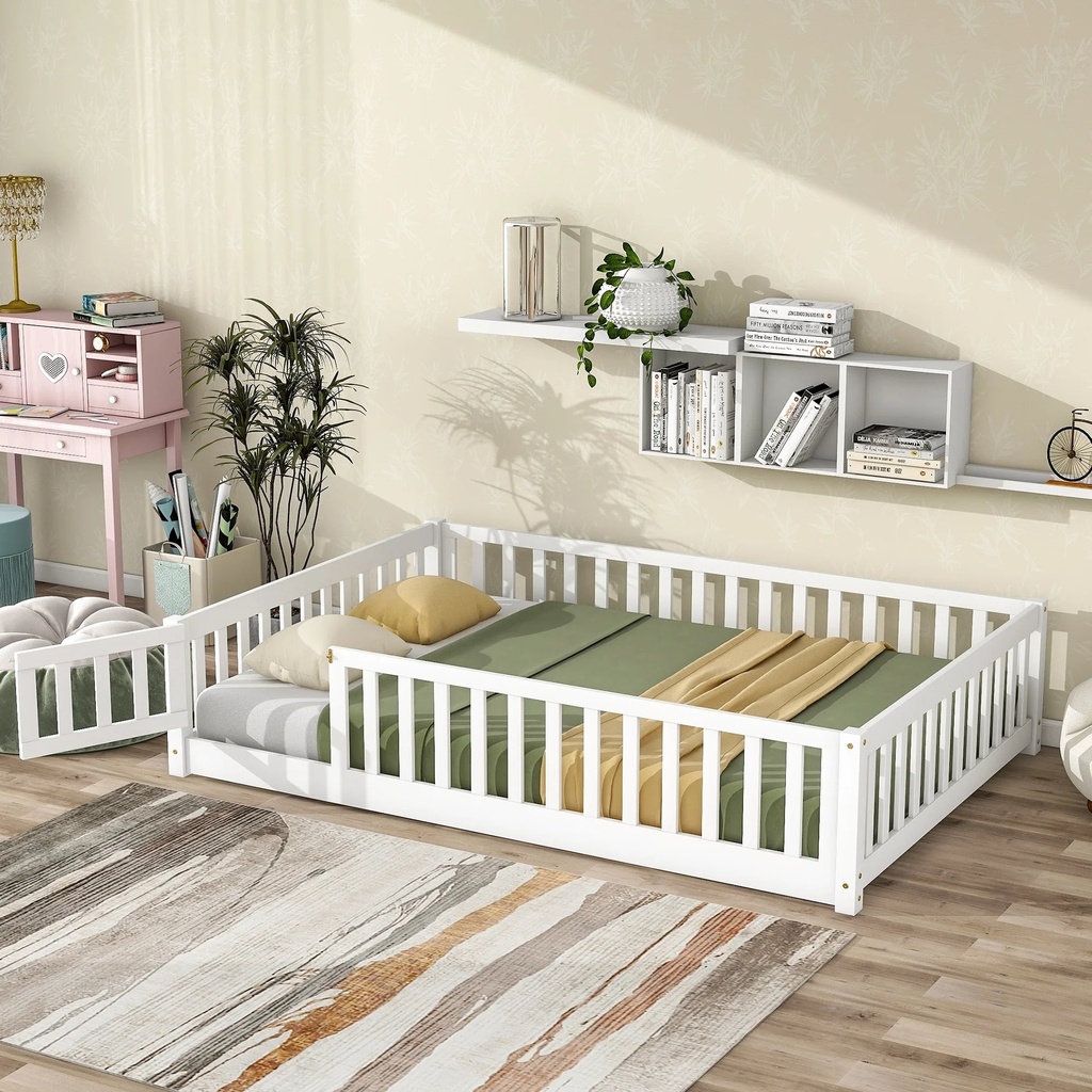 Full Size Floor Bed for Kids, HSUNNS Full Size Wood Toddler Floor Bed with Fence and Door, Full Bed Montessori Floor Bed No Box Spring Needed, Toddler Bed for Boys Girls, Slats Support, White