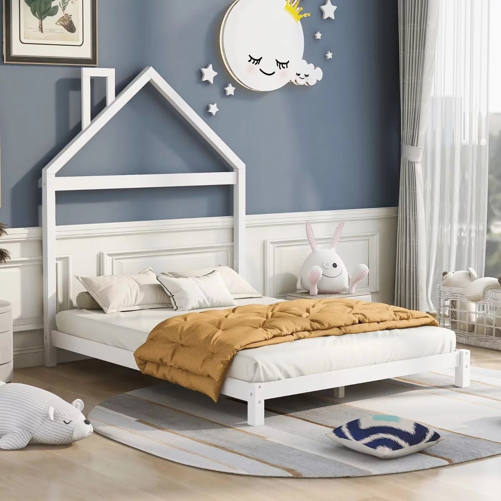 Full Size Floor Bed for Kids Toddlers and Teens, Montessori Wood Platform Bed Frame with House-Shaped Headboard and Sturdy Slats Support, Playhouse Design, No Box Spring Needed, White