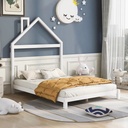 Full Size Floor Bed for Kids Toddlers and Teens, Montessori Wood Platform Bed Frame with House-Shaped Headboard and Sturdy Slats Support, Playhouse Design, No Box Spring Needed, White