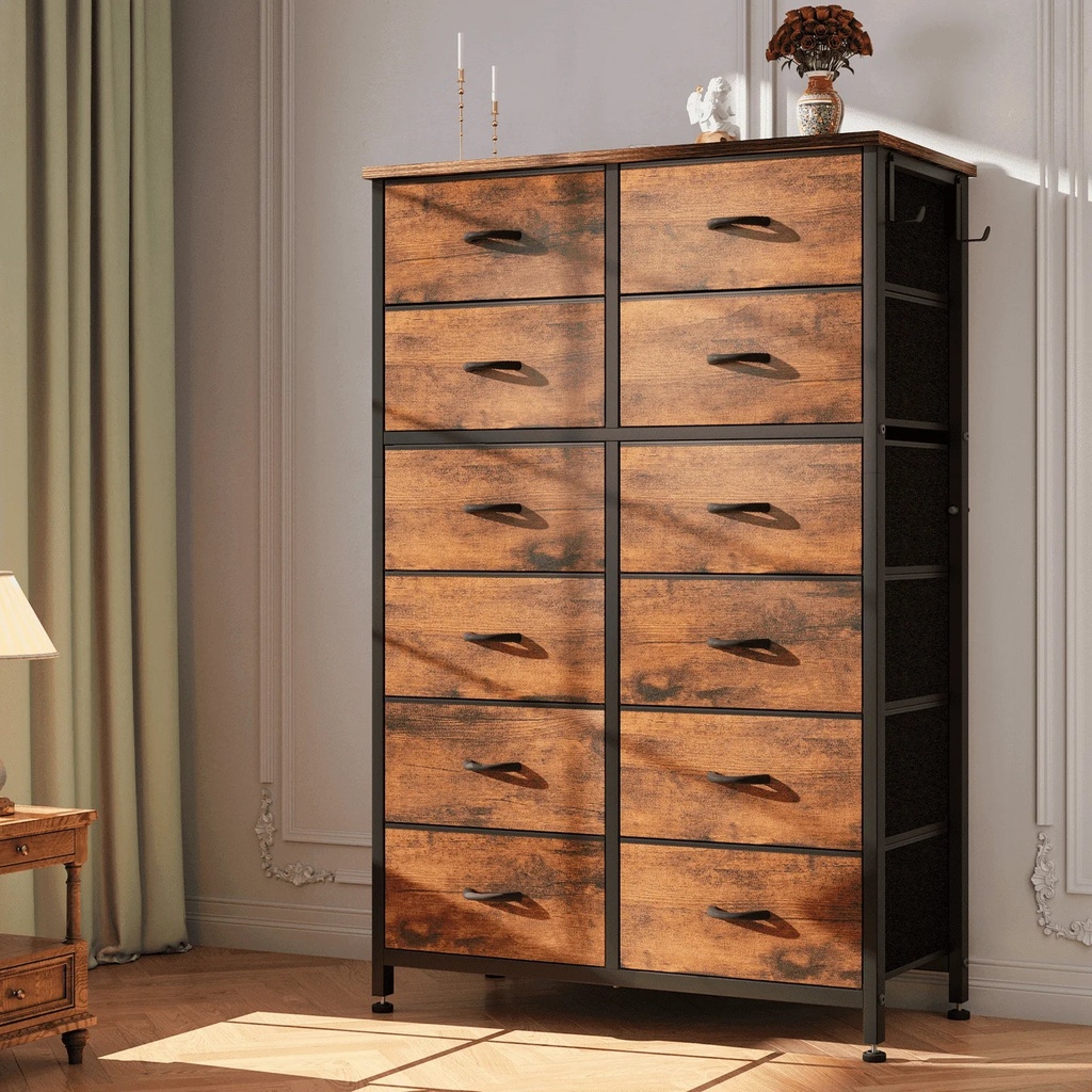 GIKPAL 12 Drawer Dresser, Chest of Drawers Dressers for Bedroom, Fabric Drawer for Kids and Adult, Steel Frame and Wooden Top Brown