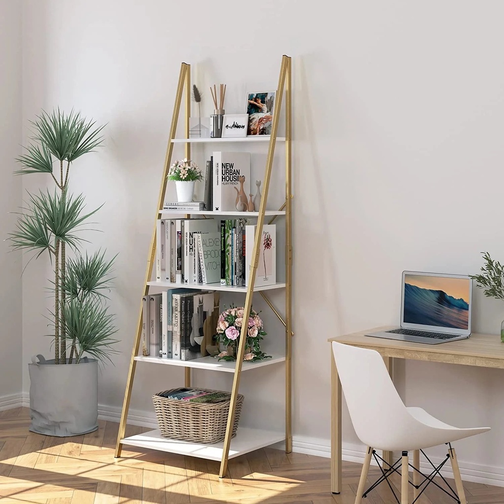 Homfa 5 Tier Ladder Bookshelf, Standing Metal Rack for Kitchen Ladder Shelf Organizer Living Room Garage Office Small Spaces, White & Gold