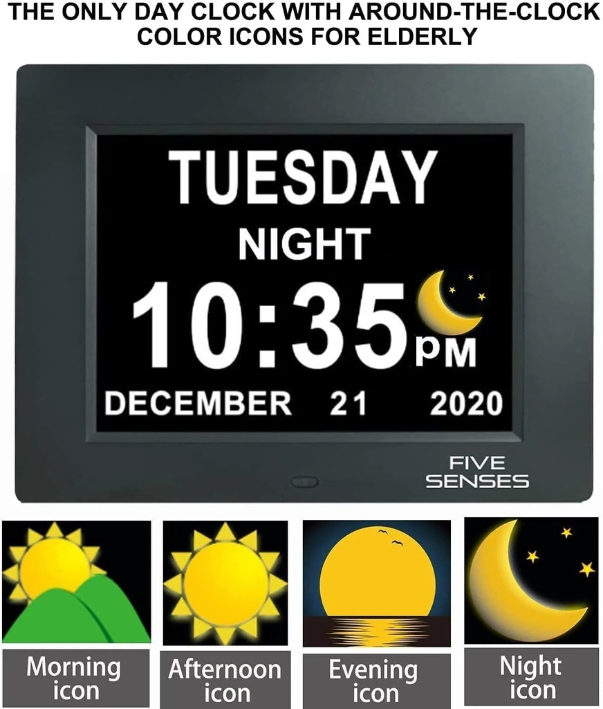 8” Digital Calendar, Clock with Day and Date for Elderly, Day Clock, Digital Clock with Date and Day of Week, Digital Wall Clock, Large Digital Clock, Dementia Clock W/ Color Sun Icons