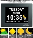 8” Digital Calendar, Clock with Day and Date for Elderly, Day Clock, Digital Clock with Date and Day of Week, Digital Wall Clock, Large Digital Clock, Dementia Clock W/ Color Sun Icons