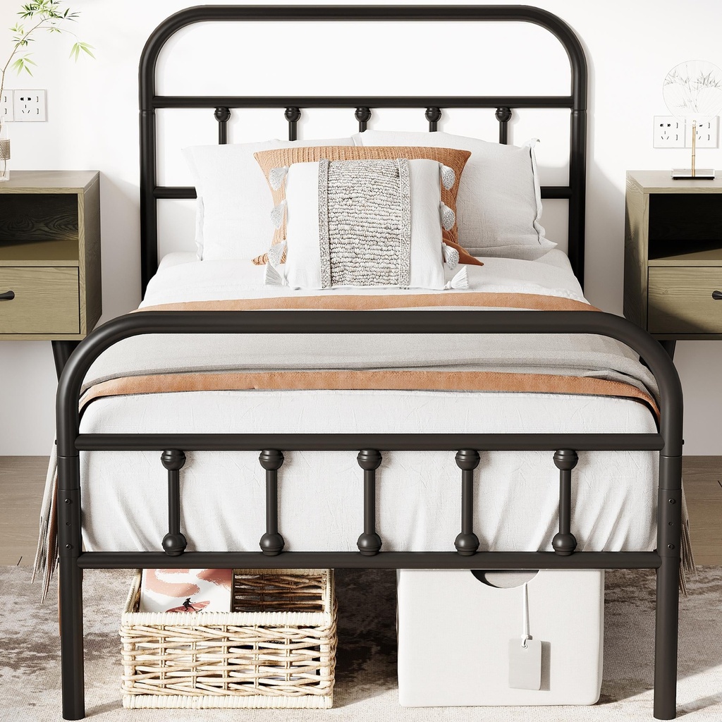 SESSLIFE Twin Size Metal Bed Frame with Headboard and Footboard, No Box Spring Needed Platform Bed, Mattress Foundation, Heavy Duty Steel Slat Support, Under-Bed Storage, Vintage Style