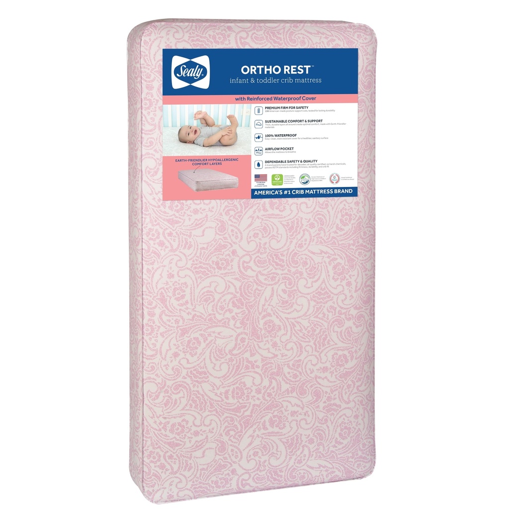 Sealy Ortho Rest Premium Firm Baby Crib & Toddler Mattress, 150 Coil, Pink