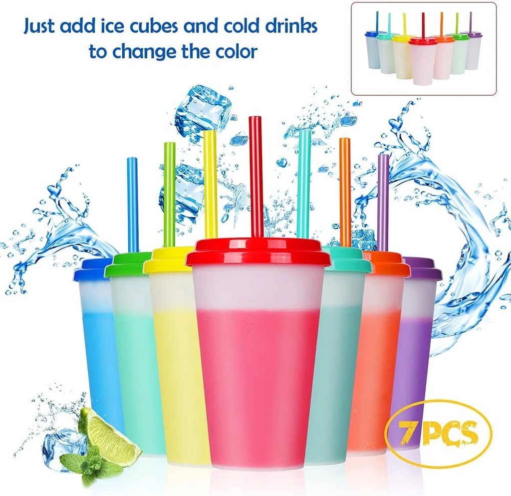 Casewin 7 Pack 12Oz Plastic Kids Cups with Lids & Straws - Reusable Color Changing Cups Adults Drinking Cup | Bulk Tumblers with Straw for Party Ice Coffee Smoothie Juice