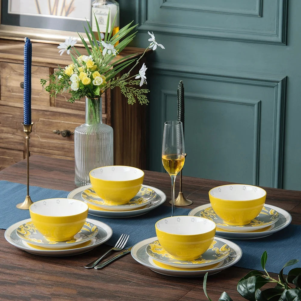 Wisenvoy Plates and Bowls Sets Hand-Paint Dinnerware Sets Dishes Set for 4 Dinner Ceramic Plates Gray