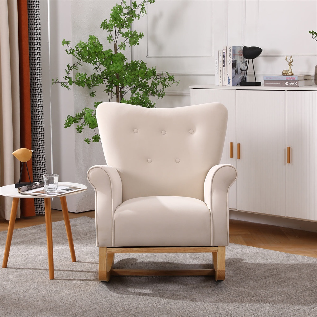 Velvet Rocking Chair, Modern Upholstered Accent Chair with Wing Backrest and Rubber Wood Legs, Comfortable Rocker with Padded Seat, High Back Glider Rocking Armchair for Living Room Bedroom, Beige