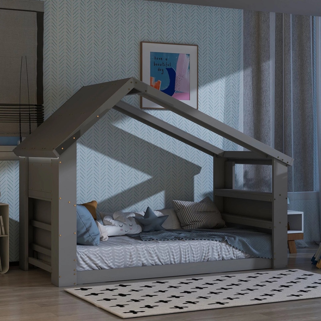 Children Wooden Floor Bed with LED Light, Montessori House Bed with Roof Window, Twin Size Bed Frame for Toddlers Teens Girls Boys, No Box Spring Needed, Gray