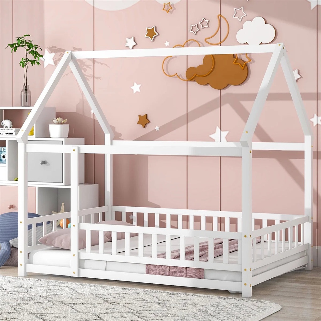Full Size Floor Bed, House Floor Wood Bed with Roof Frame for Kids Toddlers Teens, Montessori Bed Frame with Fence-Shaped Guardrail, Floor Bed Frame without Slat Support, Can Be Decorated, White