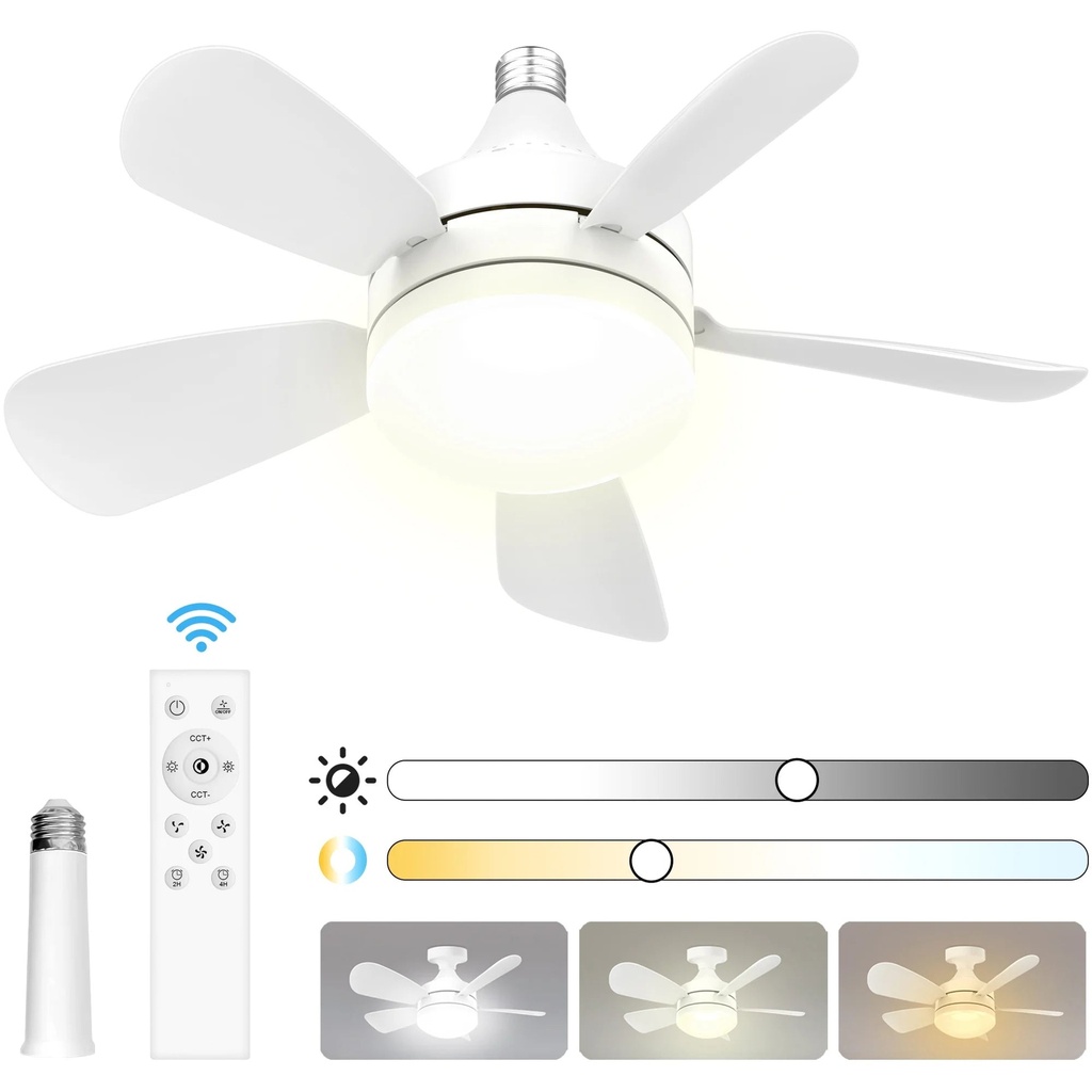 Socket Fan Light, 2000 Lumens 18" LED Ceiling Fans with Lights and Remote, 3000K-6500K Dimmable 5 Blades Screw in Ceiling Fan for Indoor Bedroom Living Room Cloakroom Kitchen Garage, White